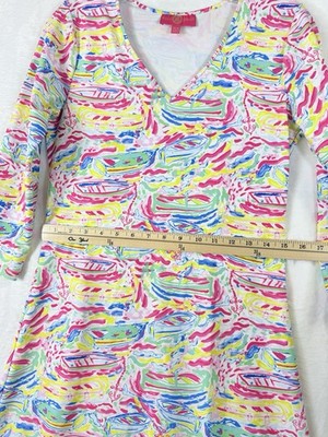 Kaeli Smith Dress XS Fit And Flare Pink Blue Yellow Print 3/4 Sleeve Womens