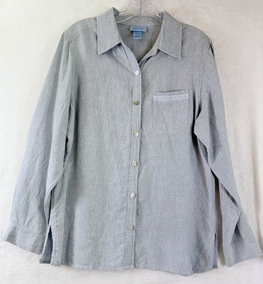 Sigrid Olsen Linen Top Medium Long Sleeve Blouse Button Up Shirt So Blue