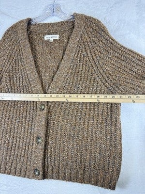 Lucky Brand Cardigan Sweater Large Women Wool Blend Brown Chunky Knit Boxy