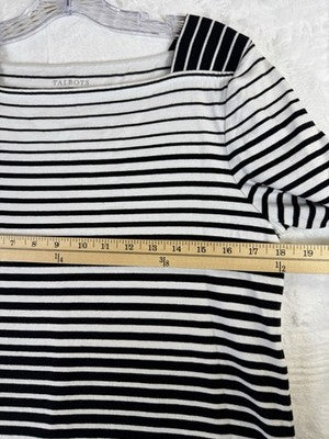 Talbots Tee Medium Knit Tops 3/4 Sleeve Square Neck Black White Stripe Womens