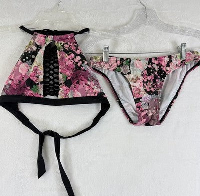 Venus Bikini Set Small Top 6 Bottom Halter Black Pink Floral Swimwear Womens