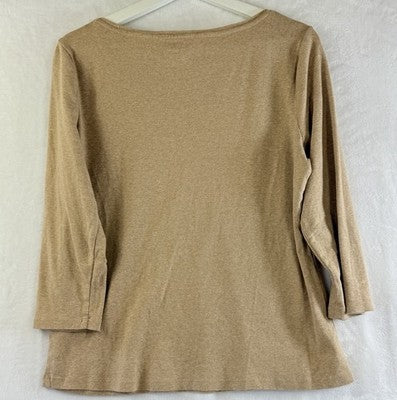 The Talbots Tee Large 3/4 Sleeve Tan Beige Womens Knit T Shirt Top 100% Cotton