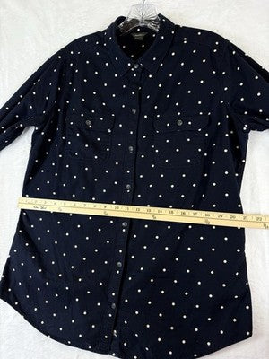 Eddie Bauer Flannel Shirt Womens Large Tall Blue Polka Dot Button Up Top Cotton