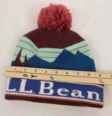 LL Bean Beanie Hat Knit Men Pom Outsider Mountain Scene Winter Burgundy