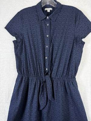 J Crew Shirt Dress Medium Eyelet Navy Blue Short Sleeve Womens 100% Cotton
