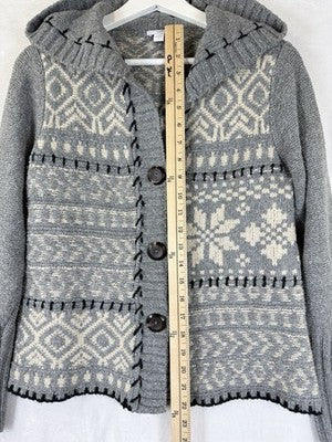 J Jill XS Hooded Cardigan Sweater Gray Fair Isle Womens Tops Long Sleeve