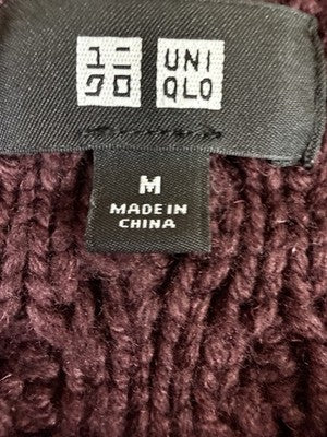 Uniqlo Sweater Men Medium Cable Knit Wool Blend Burgundy Crew Neck