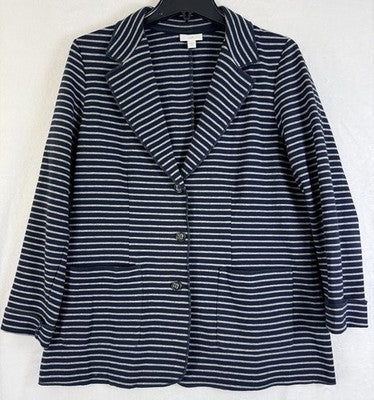 J Jill Blazer Medium Striped Knit Navy Blue Gray Jacket Seamed Womens