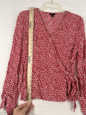 Talbots XS Blouse Wrap Top Long Sleeve Red White Print Lightweight Viscose