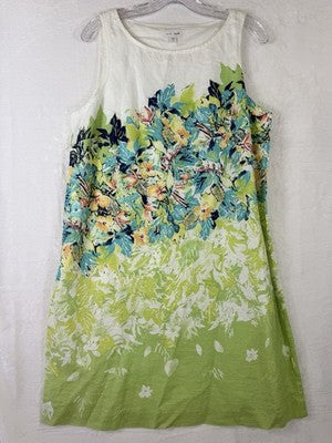 J Jill Love Linen Dress Medium Petite Sleeveless Shift Floral 100% Linen Womens