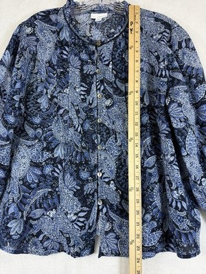 J Jill Medium Petite Tops 100% Linen Blue Floral Long Sleeve Blouse MP