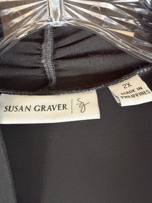 Susan Graver Cardigan 2X Black 3/4 Sleeve Black Open Front Plus Size Women