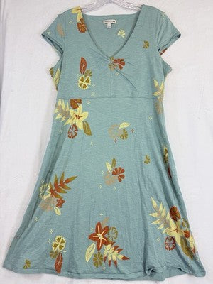 Toad And Co Rosemarie Dress Large Blue V Neck Floral Womens Fit Flare Knit