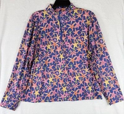 Gottex 1/2 Zip Top XL Womens Golf Starfish Print Blue Pink Long Sleeve Pullover