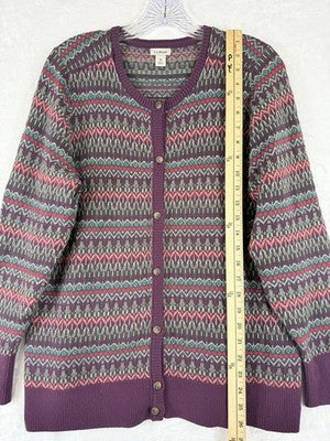 LL Bean Cardigan Sweater Womens Medium Petite Fair Isle Cotton Cashmere Purple