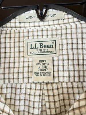 LL Bean Shirt Men Large Short Sleeve Wrinkle Resistant Green Beige Button Up