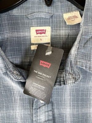 Levis Shirt Large Mens The One Pocket Blue Plaid Linen Blend Short Sleeve New