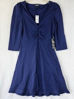 Express Dress XS Fit Flare Short Blue Long Sleeve Womens New NWT