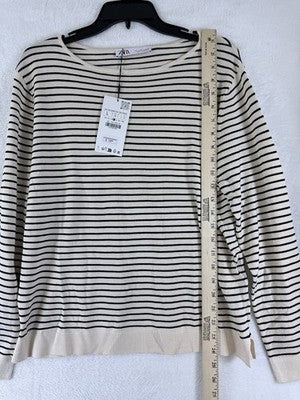 Zara Sweater Womens Large Ivory Black Striped Long Sleeve Lightweight New NWT