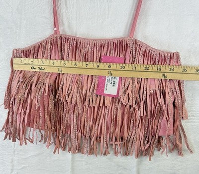 Dance Costume Adult Small Womens Pink Rhinestone Faux Suede Studded Top Fringe