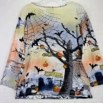 Jane Ashley Halloween Top Large Womens Beaded Bats Pumpkin Teacher Shirt Vintage