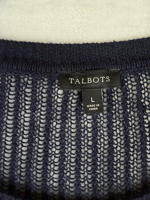 Talbots 100% Linen Top Large Womens Blue Open Knit Sweater 3/4 Sleeve