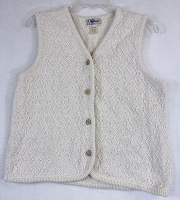 LL Bean Sweater Vest Cardigan Womens Medium Ivory 100% Cotton
