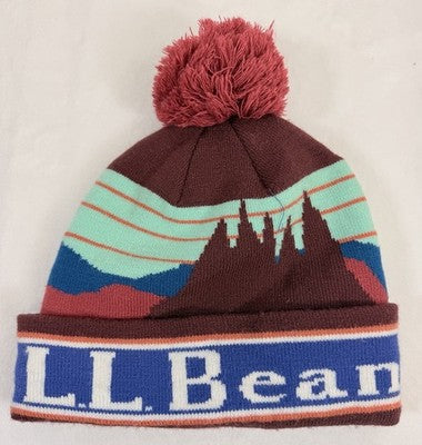 LL Bean Beanie Hat Knit Men Pom Outsider Mountain Scene Winter Burgundy