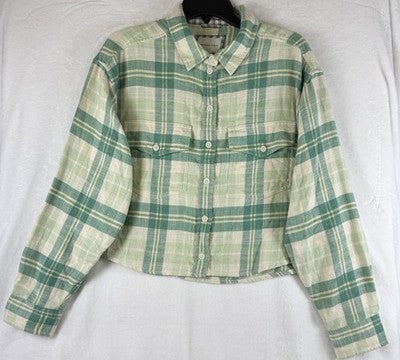 American Eagle Crop Flannel Top Medium Green Plaid Long Sleeve Womens