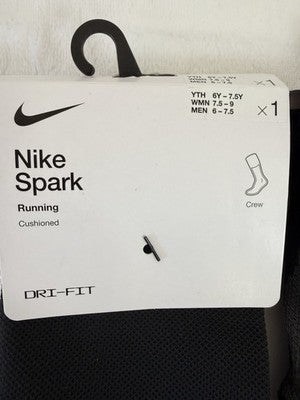 Nike Spark Running Socks Crew Black Men 6-7.5 Women 7.5-9 Cushioned Lot New