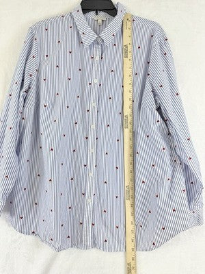 Talbots 2X Tops Womens Blue Hearts Button Up Long Sleeve 100% Cotton