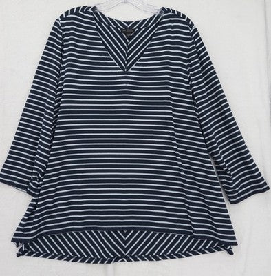 J Jill Wearever Top XL Blue Knit Striped 3/4 Sleeve V Neck Women