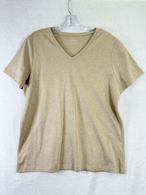 LL Bean T Shirt Large Womens Short Sleeve V Neck 100% Cotton Beige