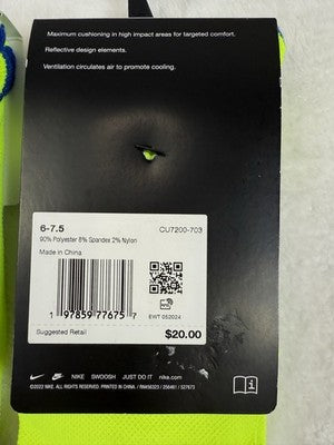 Nike Spark Running Socks Crew Lot 2 Pairs Men 6-7.5 Women 7.5-9 Cushioned New