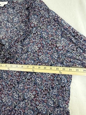J Jill XL Top V Neck Long Sleeve Ruffle Lightweight Blue Floral Print Rayon