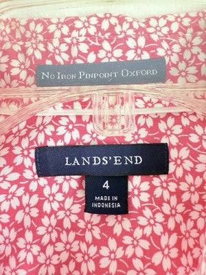 Lands End Shirt 4 Women No Iron Pintuck Oxford Button Up Long Sleeve Pink Floral