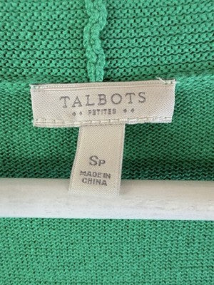Talbots Cardigan Sweater Small Petite Green Open Front Womens SP 100% Cotton