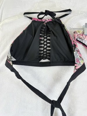 Venus Bikini Set Small Top 6 Bottom Halter Black Pink Floral Swimwear Womens