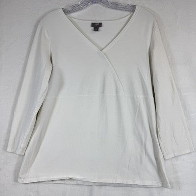 J Jill Top Small Faux Wrap Tee White 3/4 Sleeve Knit Cotton Stretch Womens