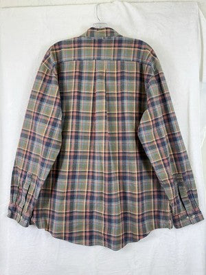 LL Bean Sunwashed Canvas Shirt Large Mens Long Sleeve Green Blue Plaid Button Up
