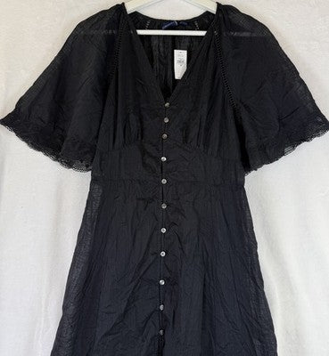 Gap Dress XS Midi Women Short Sleeve Flutter Lace Long 100% Cotton Black New