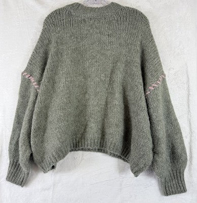 Primark Sweater Large Green Crew Neck Pink Whipstitch Wool Blend