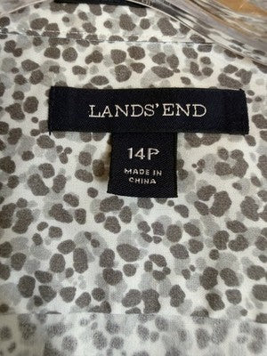 Lands End No Iron Supima Shirt 14 Petite Womens 14P Gray Print Button Up Top