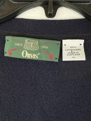 Orvis Cardigan Sweater Mens XL Navy Blue 100% Lambswool Wool Wood Buttons