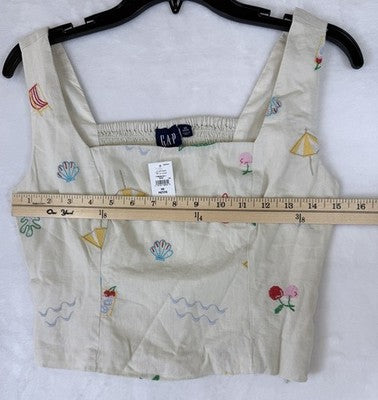 Gap Crop Top XS Petite Linen Blend Embroidered Tan Beige Sleeveless Women New