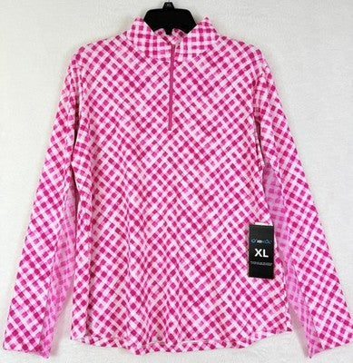 IBKUL Womens Long Sleeve Top XL 1/4 Zip Mock Neck Pink Gingham Check Print Golf