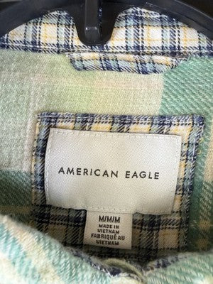 American Eagle Crop Flannel Top Medium Green Plaid Long Sleeve Womens