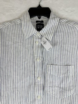 Gap 100% Linen Shirt XS Women Blue Stripe Button Up Long Sleeve Relaxed New
