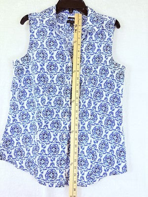 Talbots Non Iron Shirt 6 Womens Sleeveless Blue Print Button Down Cotton Womens