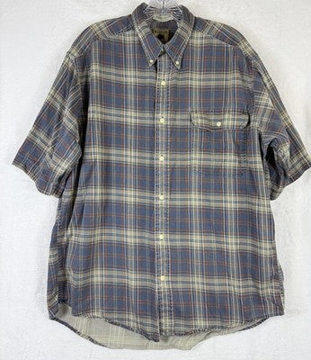 Madison Trader Shirt Large Mens Washed Cottons Blue Plaid Short Sleeve Button Up